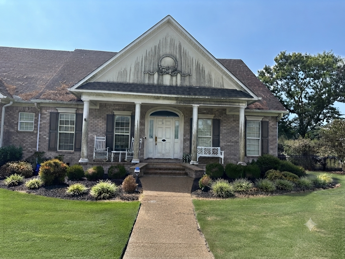 Brick Home Exterior — Soft Wash — Algae & Mildew Removal, before professional cleaning in Jackson, TN
